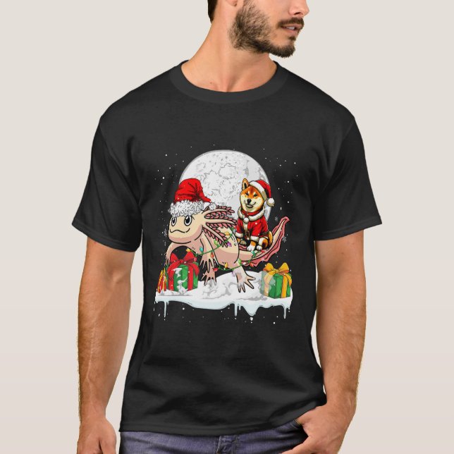 Santa Shiba Inu Riding Axolotl Christmas Owner Kid T-Shirt (Front)