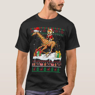 Santa Shiba Inu Riding Giraffe Christmas Sweater L