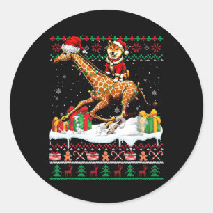 Santa Shiba Inu Riding Giraffe Christmas Sweater L Classic Round Sticker