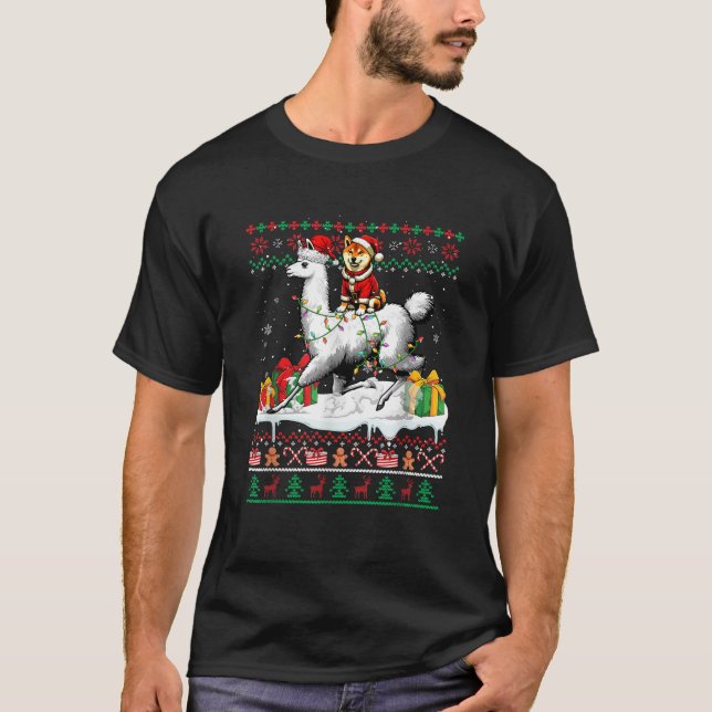 Santa Shiba Inu Riding Llama Christmas Sweater Lov (Front)