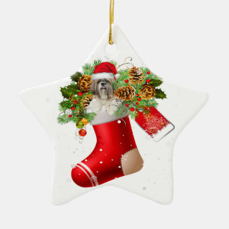 Santa Shih Tzu In Christmas Sock | X-mas Gift Ceramic Tree Decoration