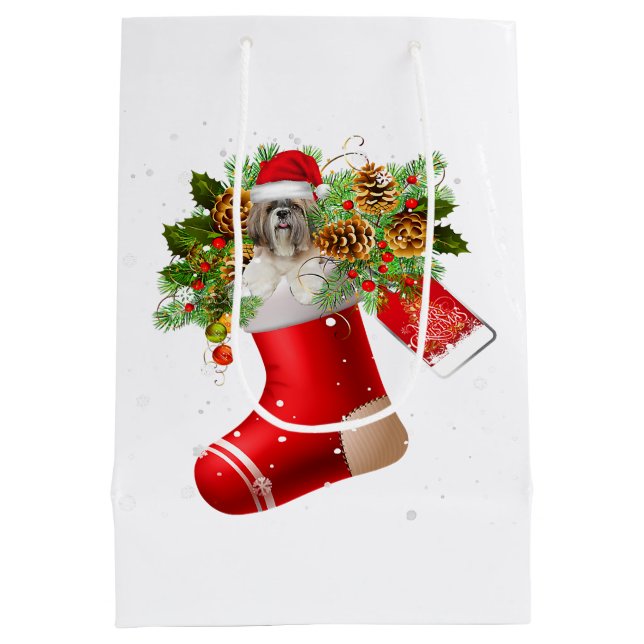 Santa Shih Tzu In Christmas Sock | X-mas Gift Medium Gift Bag (Back)