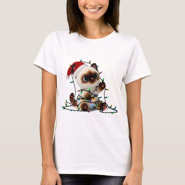 Santa Siamese Cat Tangled in Christmas Lights T-Shirt (Front)