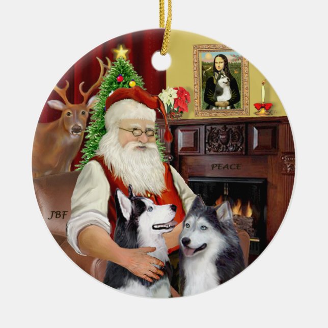 Santa - Siberian Huskies (TWO) Ceramic Tree Decoration (Front)