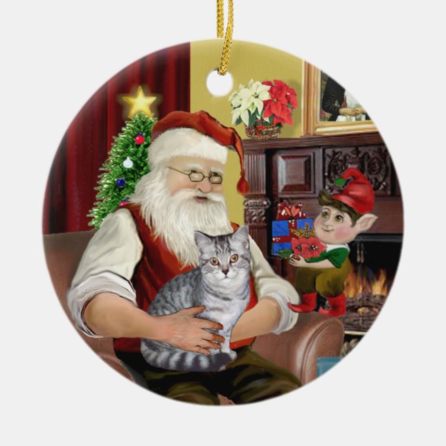 Santa - Silver Tabby (ASH) Ceramic Tree Decoration (Front)