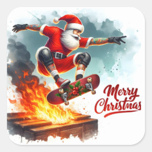 Santa Skateboarding Over Flames at Xmas Square Sticker