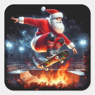 Santa Skateboards Over Fiery Ramp Square Sticker