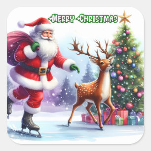 Santa Skates With Reindeer by Tree Square Sticker