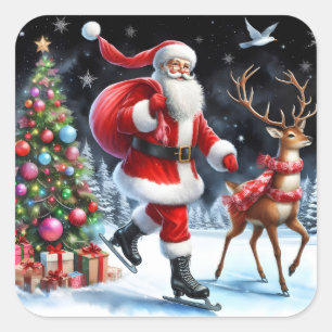Santa Skating With a Reindeer by Tree Square Sticker