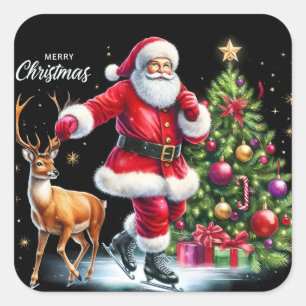 Santa Skating With Reindeer by Tree Square Sticker