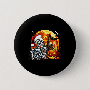 Santa Skeleton Drinking Coffee Halloween Carved Pu 6 Cm Round Badge