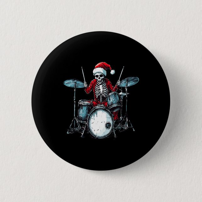 Santa Skeleton Playing Drum Drummer Percussionist  6 Cm Round Badge (Front)