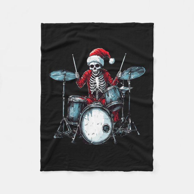 Santa Skeleton Playing Drum Drummer Percussionist  Fleece Blanket (Front)