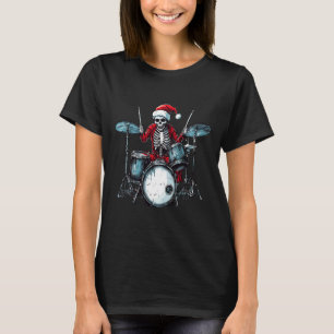 Santa Skeleton Playing Drum Drummer Percussionist  T-Shirt