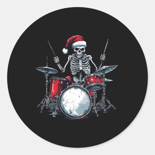 Santa Skeleton Playing Drum Percussionist Drummer  Classic Round Sticker (Front)