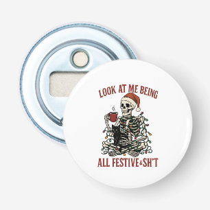 Santa Skeleton with Cat Holiday Snark Bottle Opener