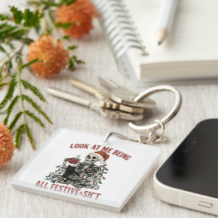 Santa Skeleton with Cat Holiday Snark Key Ring