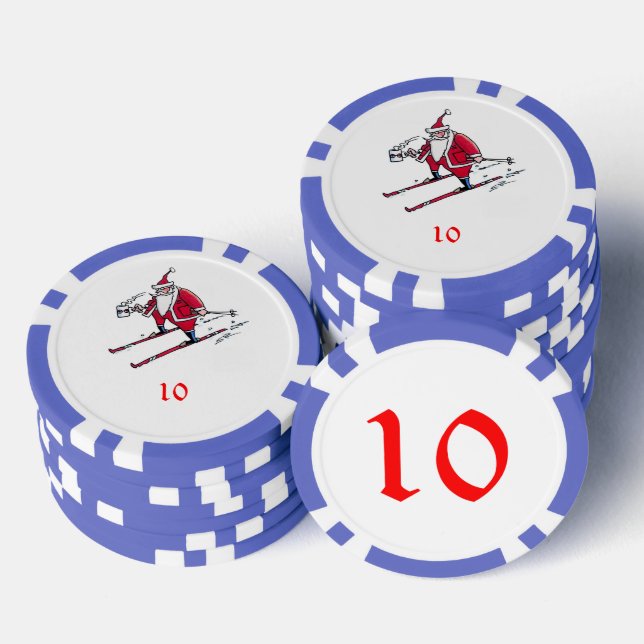 Santa Skiing blue 10 striped poker chip (Stack)