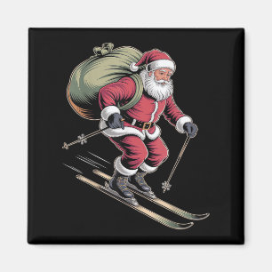 Santa Skiing Down Snowy Slopes  Magnet