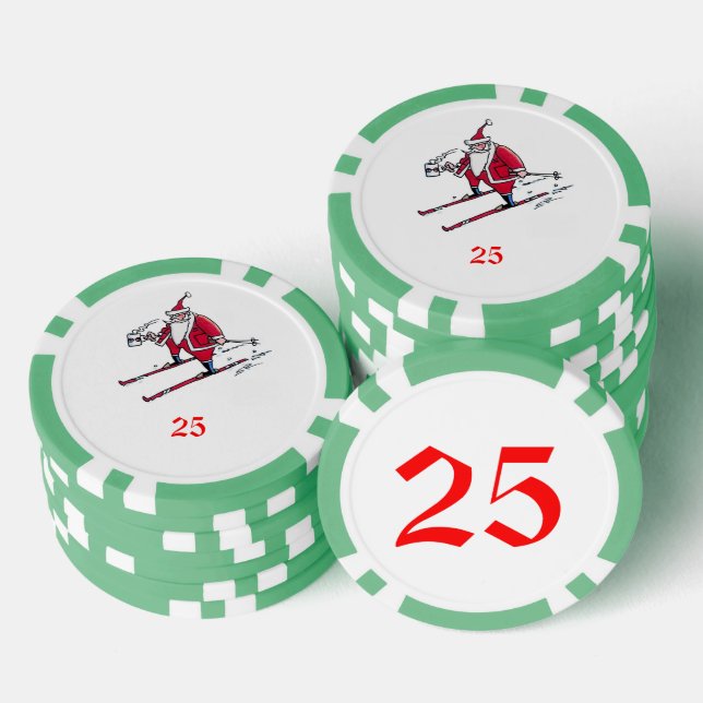 Santa Skiing green 25 striped poker chip (Stack)