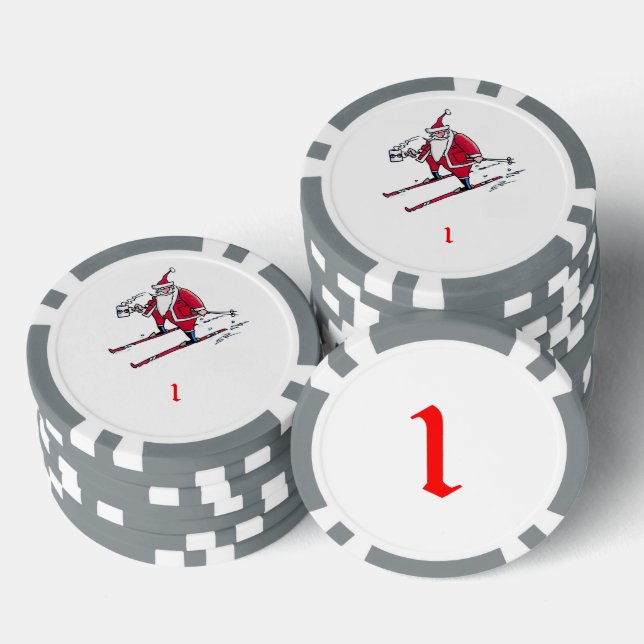 Santa Skiing grey 1 striped poker chip (Stack)