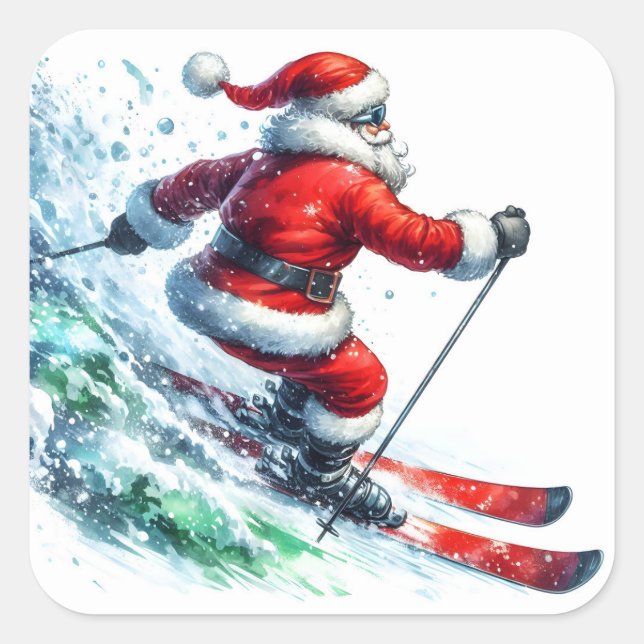 Santa Skiing in Winter Wonderland Square Sticker (Front)