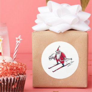 Santa Skiing large round stickers