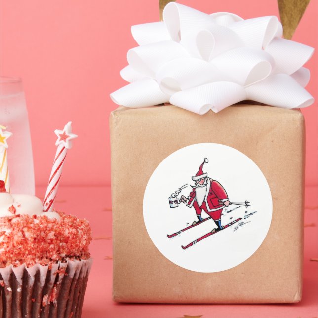 Santa Skiing large round stickers (Party)