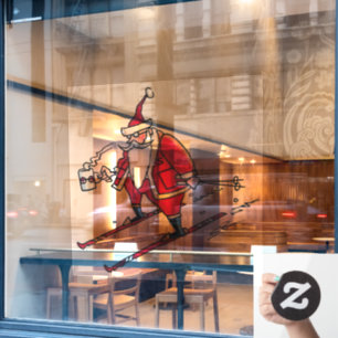 Santa Skiing lg see-thru window cling front stick