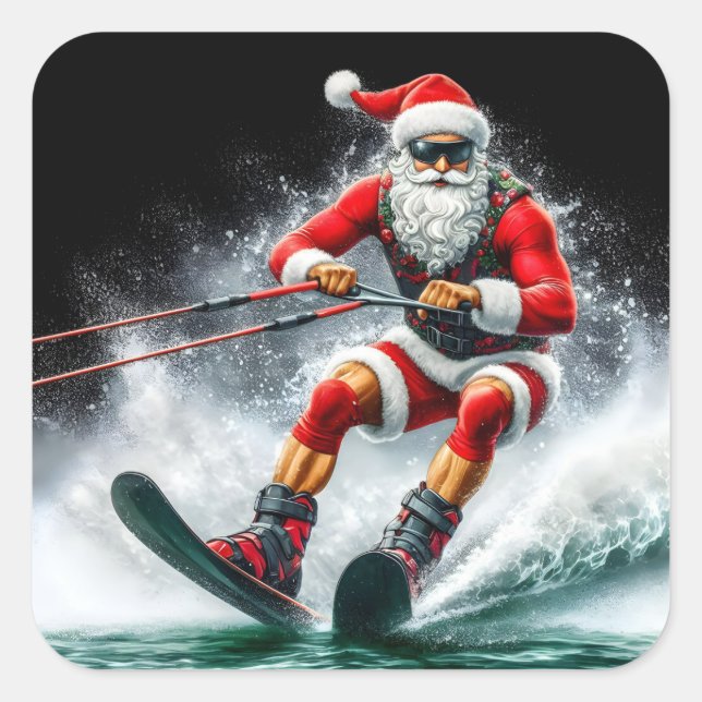 Santa Skiing Over Waves During the Holiday Season Square Sticker (Front)