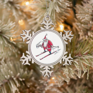 Santa Skiing pewter snowflake ornament