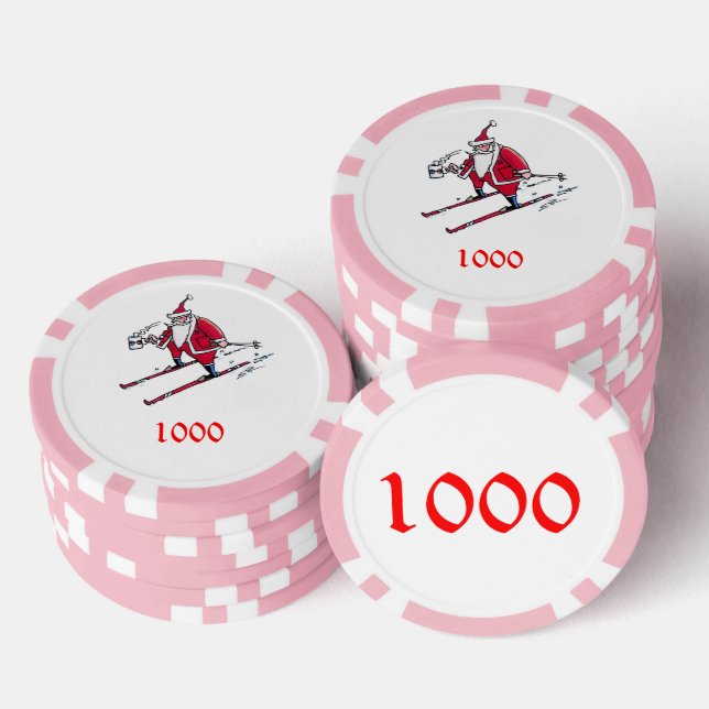 Santa Skiing pink 1000 striped poker chip (Stack)