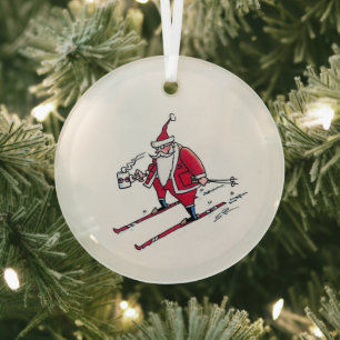 Santa Skiing round glass ornament