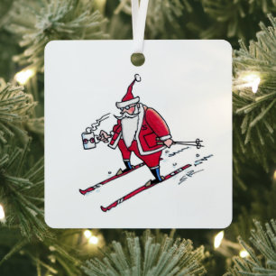 Santa Skiing square metal ornament