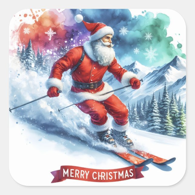 Santa Skis in a Snowy Mountain Square Sticker (Front)