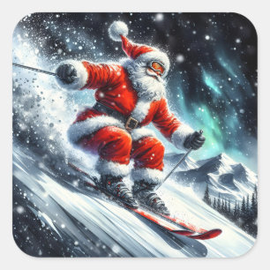 Santa Skis on a Snowy Slope Square Sticker
