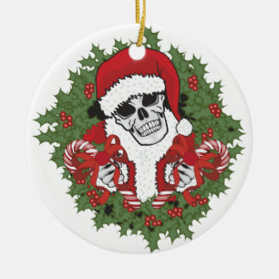 Santa Skull with Wreath Ceramic Tree Decoration