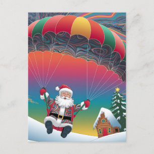 Santa skydiving psychedelic colours christmas holiday postcard