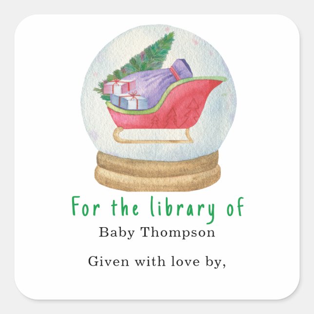 Santa sled - baby shower bookplate square sticker (Front)