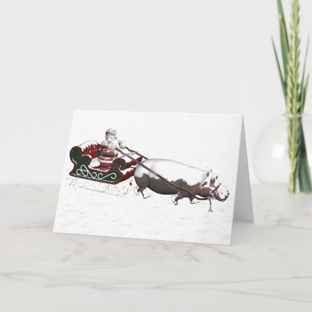 Santa Sled Pulled By Hippopotamus Holiday Card (Front)