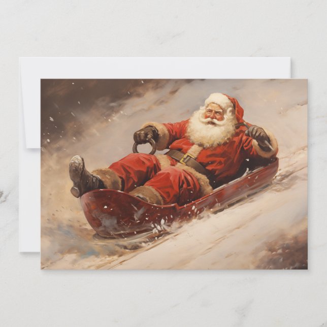 Santa Sledding Snow Merry Christmas Vintage Holiday Card (Front)