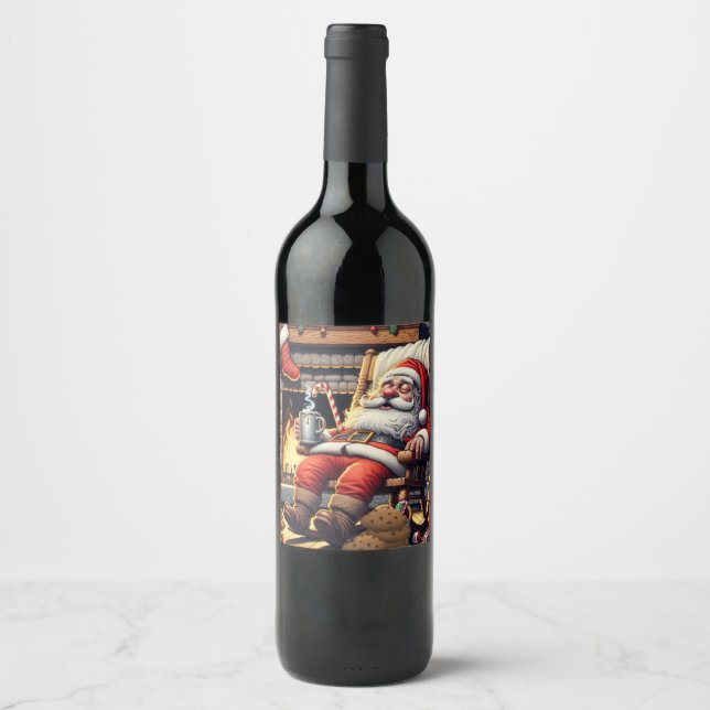 Santa sleeping Christmas Wine Label (Front)