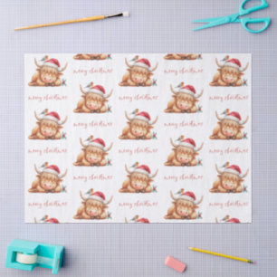 Santa Sleeping Highland Cow Script Merry Christmas Tissue Paper