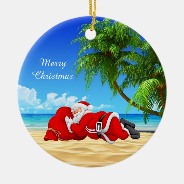 santa sleeping on the beach ceramic tree decoration (Front)