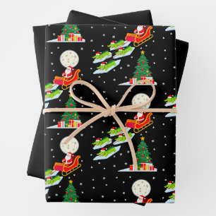 Santa Sleigh Alligator Christmas Moon Snow Tree Wrapping Paper Sheet