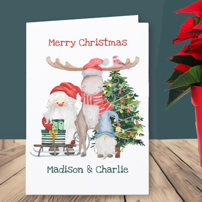 Santa Sleigh and Gnome Gonk Cute Personalized Kids Holiday Card (Kids Santa Christmas Card with childrens names)