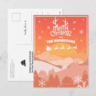 Santa Sleigh and Reindeer Flying in the Sunset Sky Holiday Postcard