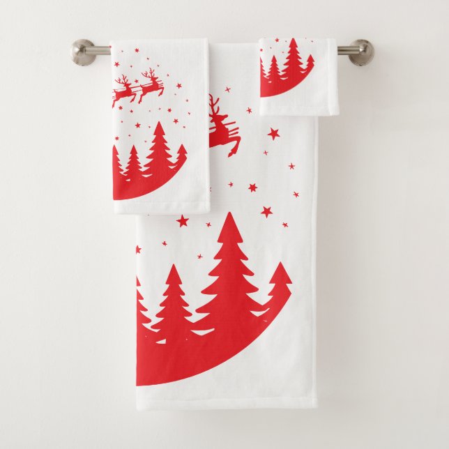 Santa Sleigh and Reindeer Flying Over Treetops Red Bath Towel Set (Insitu)