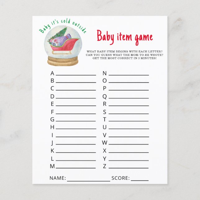 Santa sleigh - Baby Item Game. Baby Shower Game (Front)
