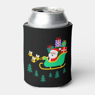 Santa Sleigh Bees Christmas Gifts Pine Trees Xmas Can Cooler
